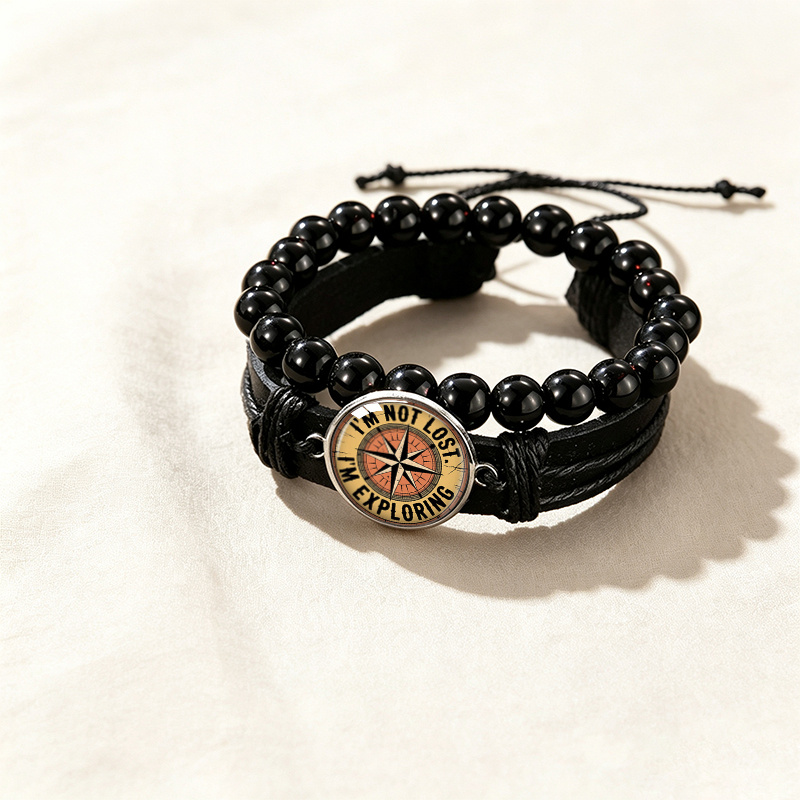 2pcs Exploration Compass Illustration Adjustable Black Cuff Bracelet